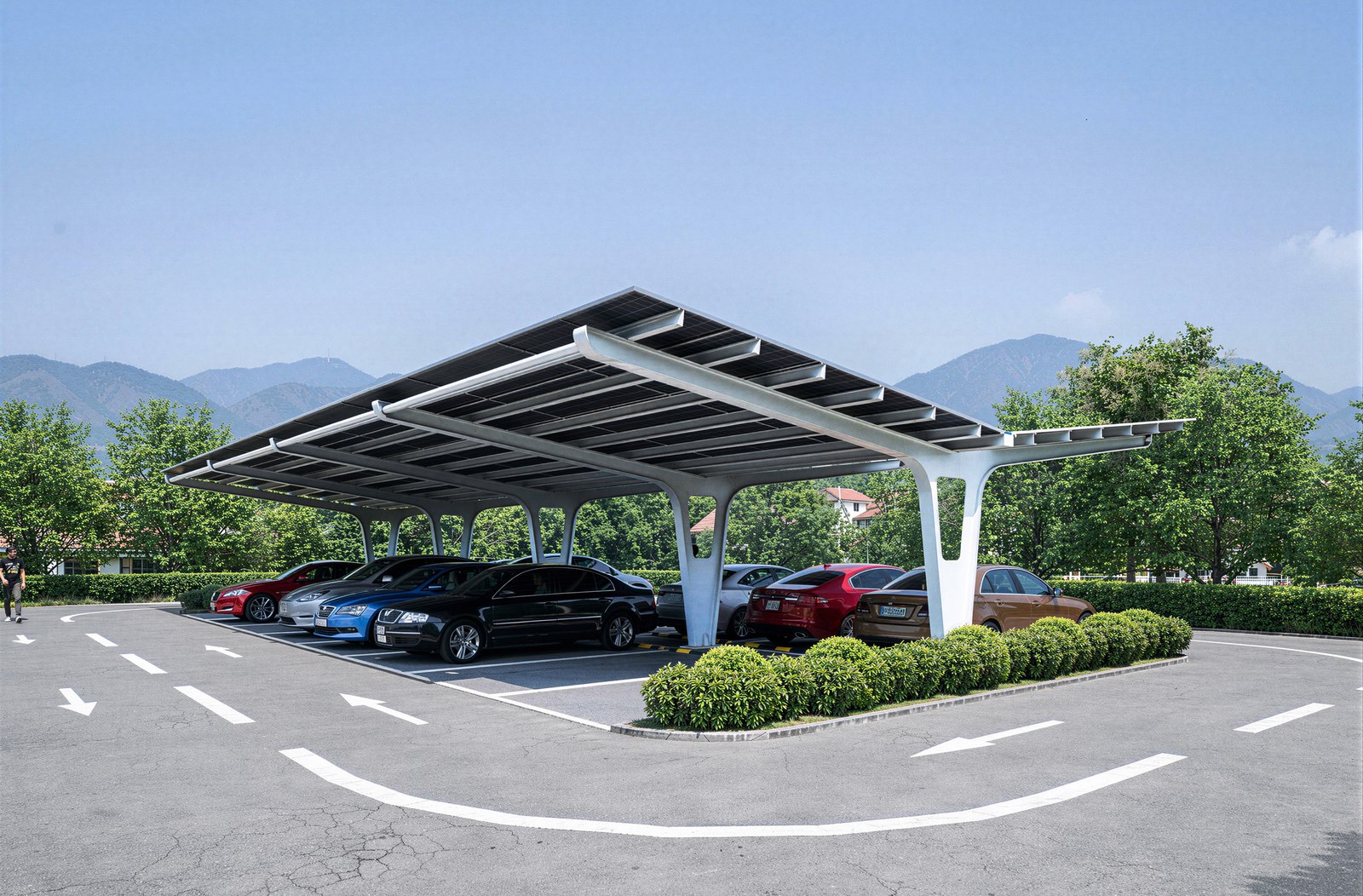 Carport cu stâlp central — randare 3D a structurii