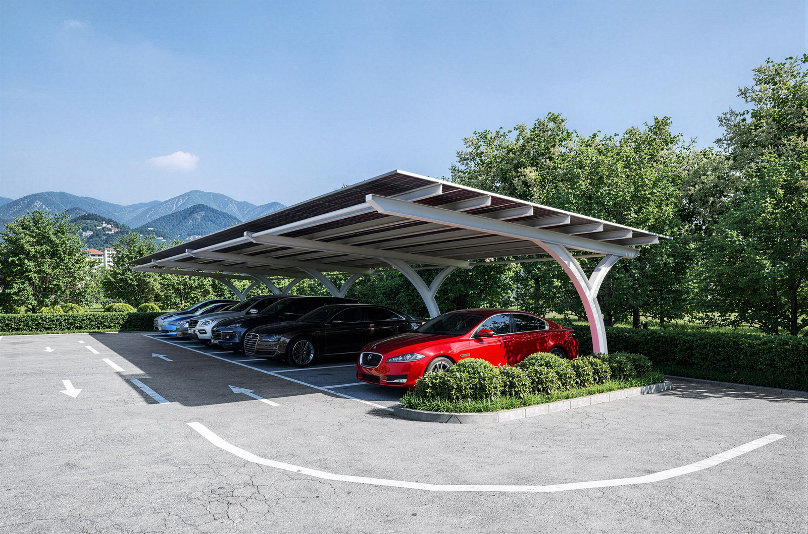 Carport cu stâlp ramificat — randare 3D a structurii
